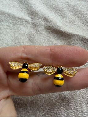 EJ 925 Sterling Silver Gold Tone Enamel Bee CZ Stud Earrings